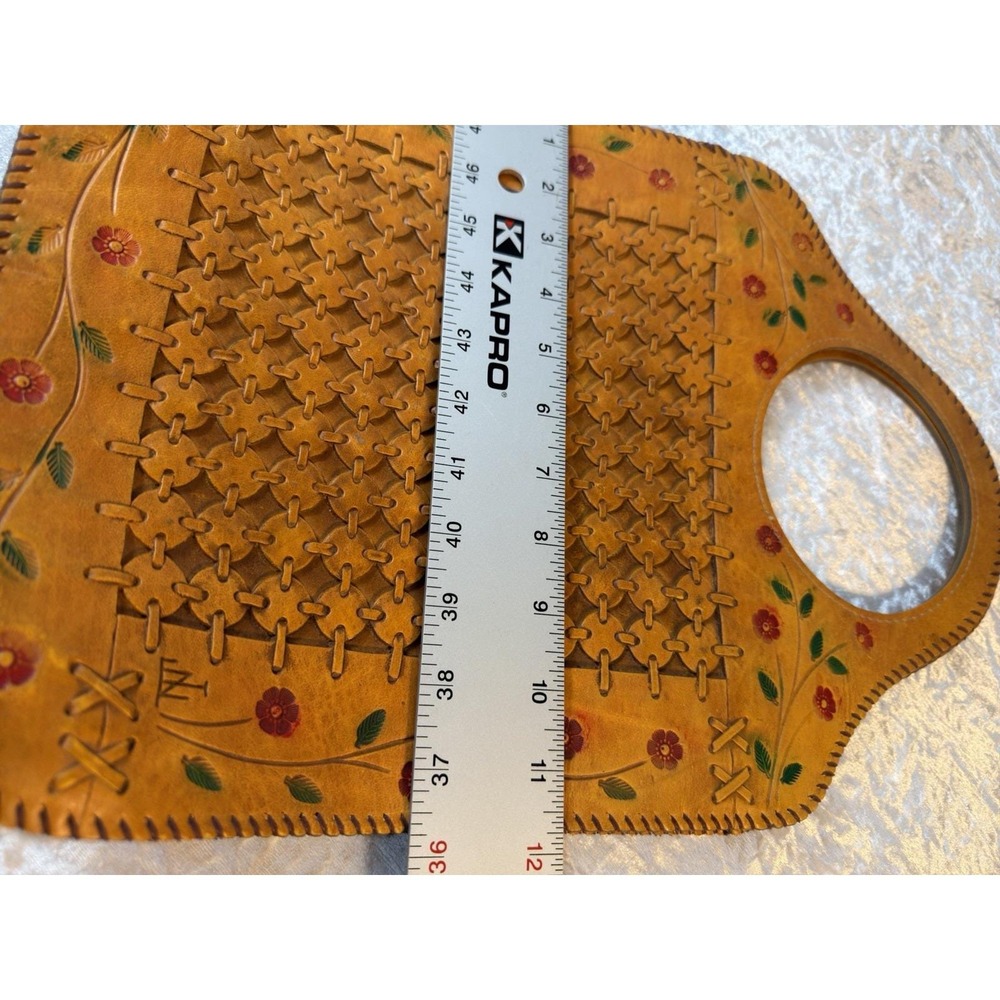 Vintage Handmade Leather Cutwork Handbag Floral Painted Boho Tote Purse Tan - Picture 7 of 9
